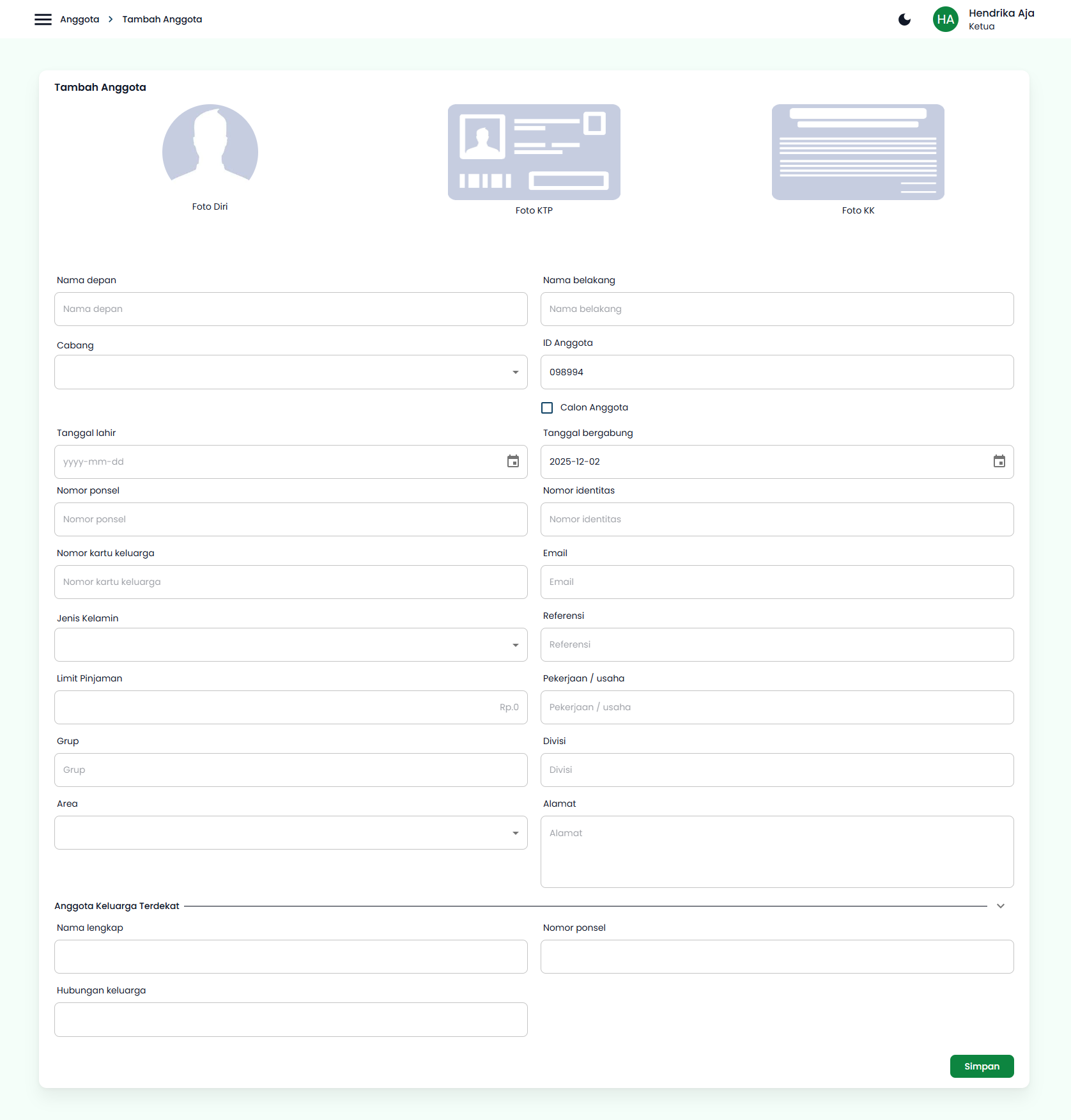 Halaman Tambah Anggota