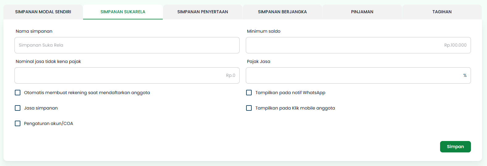 Halaman Tambah Produk Tab Simpanan Sukarela