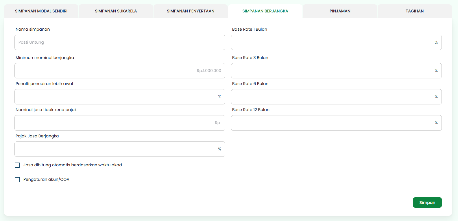 Halaman Tambah Produk Tab Simpanan Berjangka