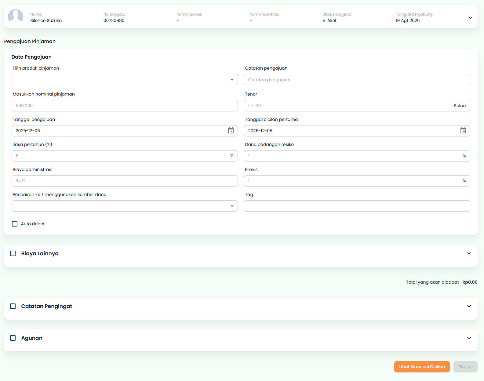 Halaman Pengajuan Pinjaman