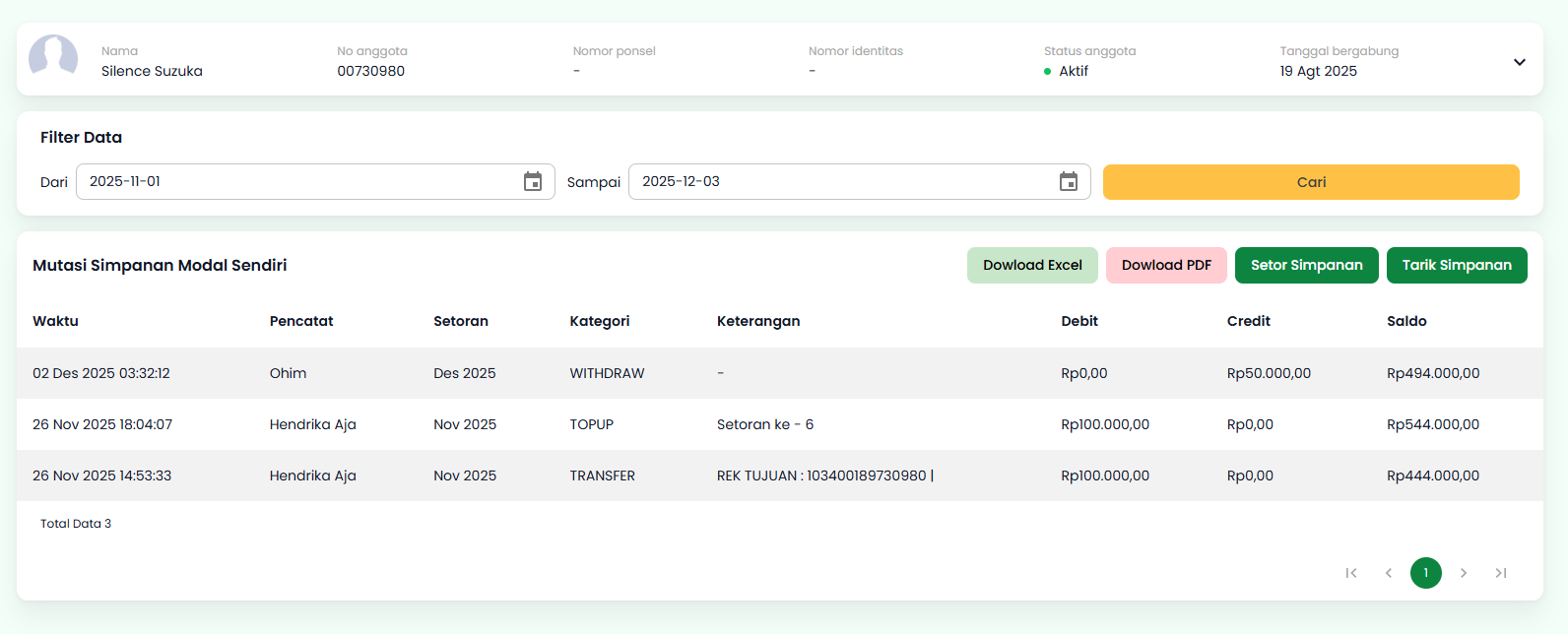 Halaman Mutasi Simpanan Modal Sendiri