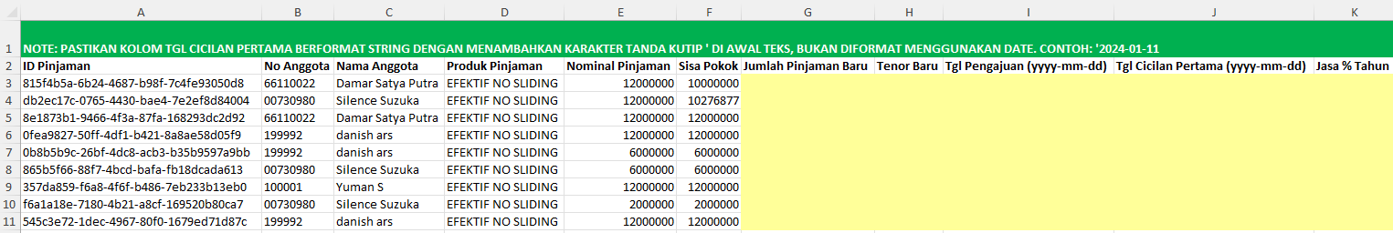 Format Excel Restruktur Pinjaman