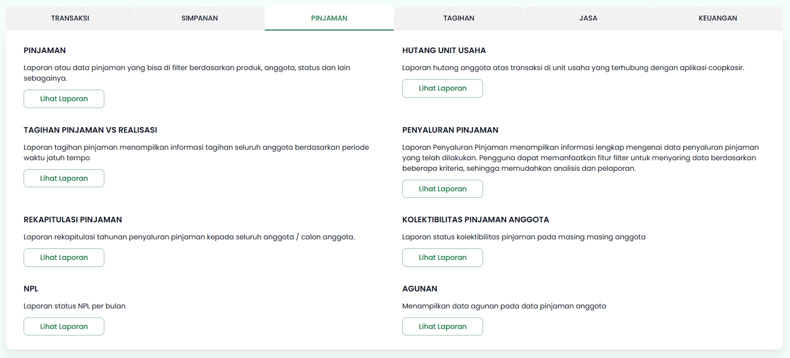 Halaman Laporan Tab Pinjaman
