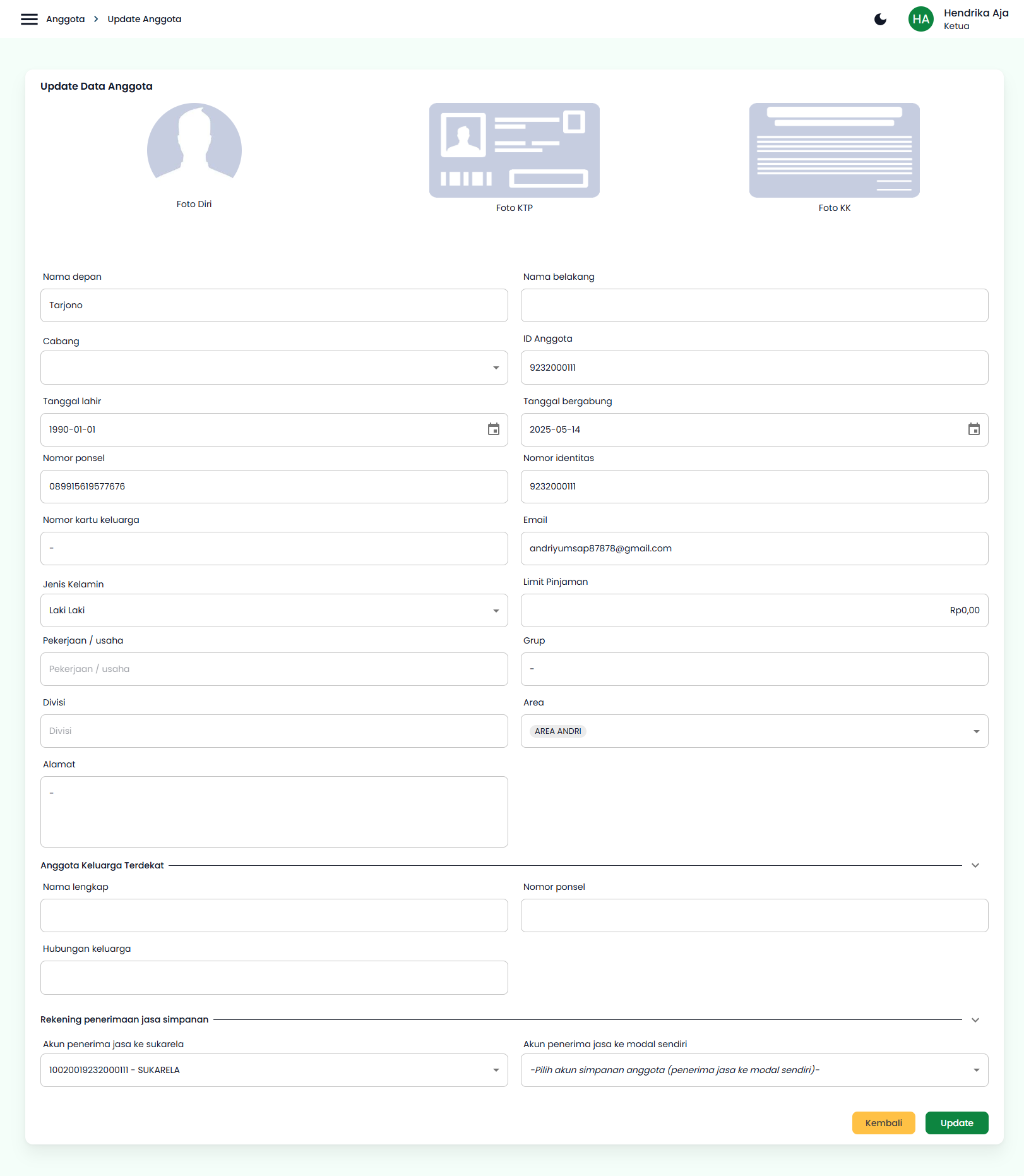 Halaman update Anggota